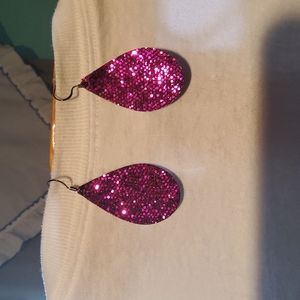 MAGENTA Glitter Vegan Leather Tear Drop Earrings